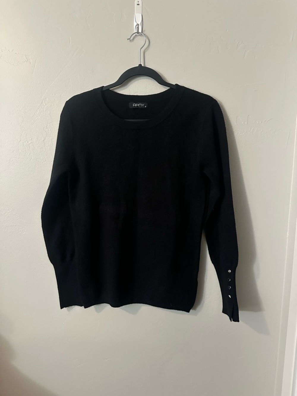 APNY Black Crewneck Sweater with Button Cuff Detail